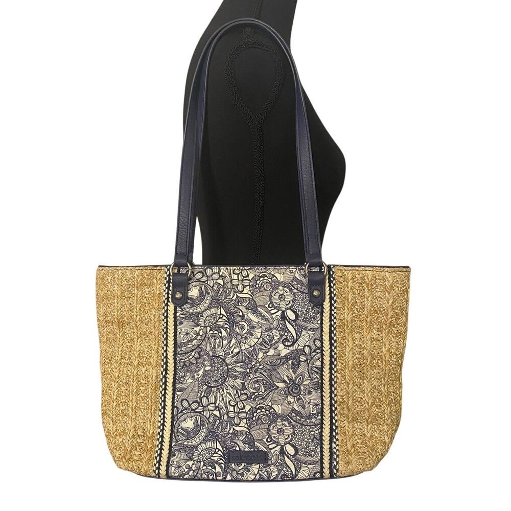 Sakroots Straw Tote Bag Blue Boho Floral Print Woven Shoulder Beach Market Tote